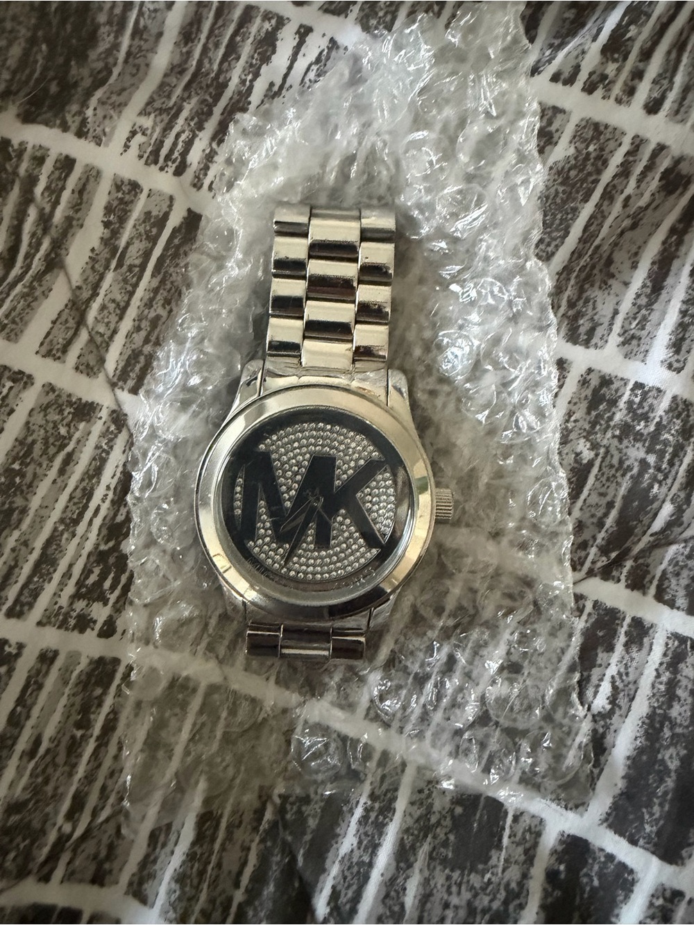 Michael Kors Silver-tone Watch with Black MK Logo Dial